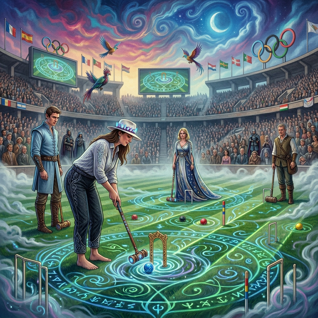 Four people playing croquet on a grassy field decorated with glowing magical symbols and runes, near a cottage with glowing windows under a twilight sky.