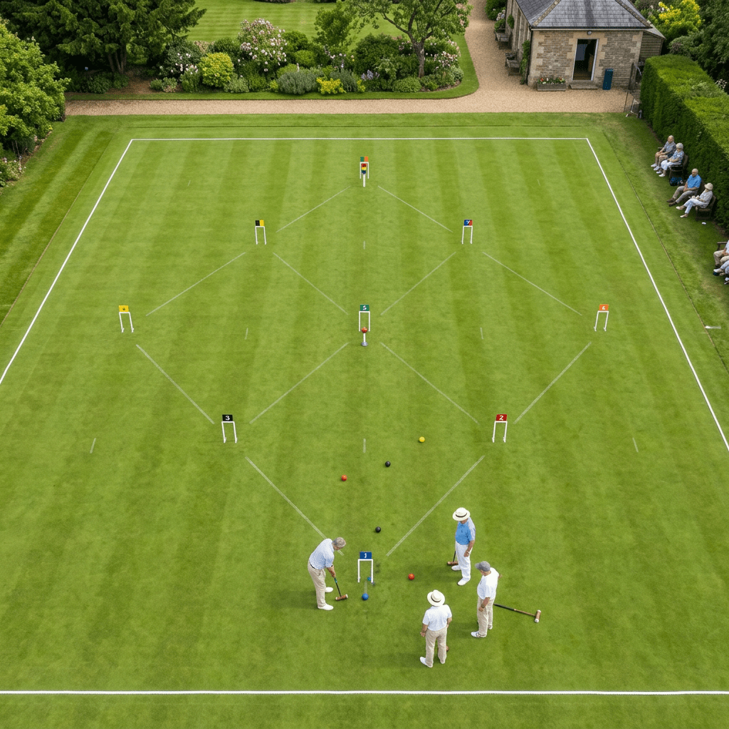 Four players playing a game of lawn croquet on a marked grass court with colored gates and balls